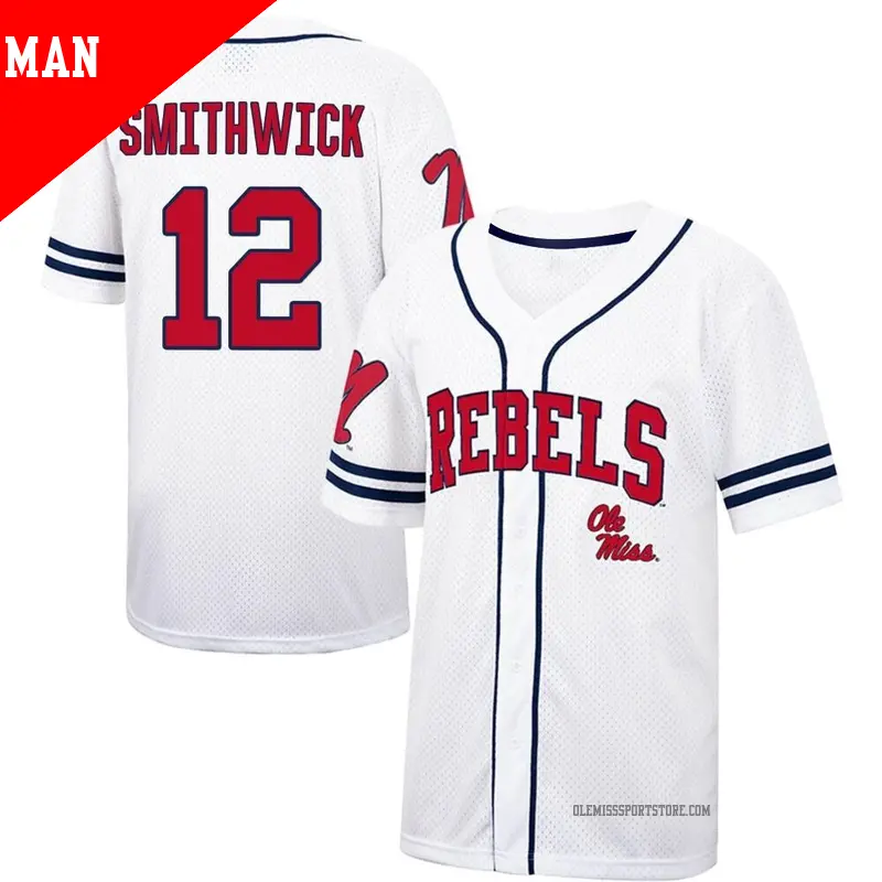Men's #12 Campbell Smithwick Ole Miss Rebels Replica White/Navy Colosseum Free Spirited Baseball Jersey Men's #12 Campbell Smithwick Ole Miss Rebels Replica White/Navy Colosseum Free Spirited Baseball Jersey