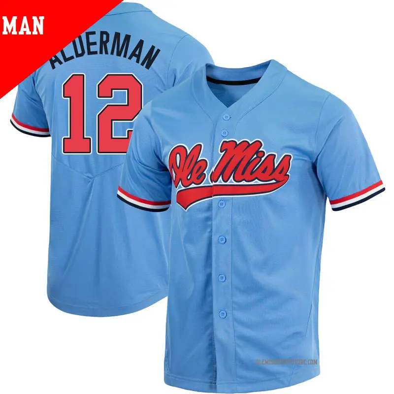 Men's #12 Kemp Alderman Ole Miss Rebels Replica Blue Powder Full-Button Baseball Jersey Men's #12 Kemp Alderman Ole Miss Rebels Replica Blue Powder Full-Button Baseball Jersey