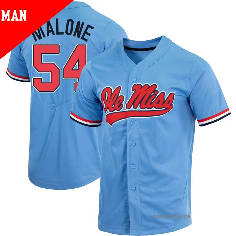 Men's #54 Tywone Malone Ole Miss Rebels Replica Blue Powder Full-Button Baseball Jersey Men's #54 Tywone Malone Ole Miss Rebels Replica Blue Powder Full-Button Baseball Jersey