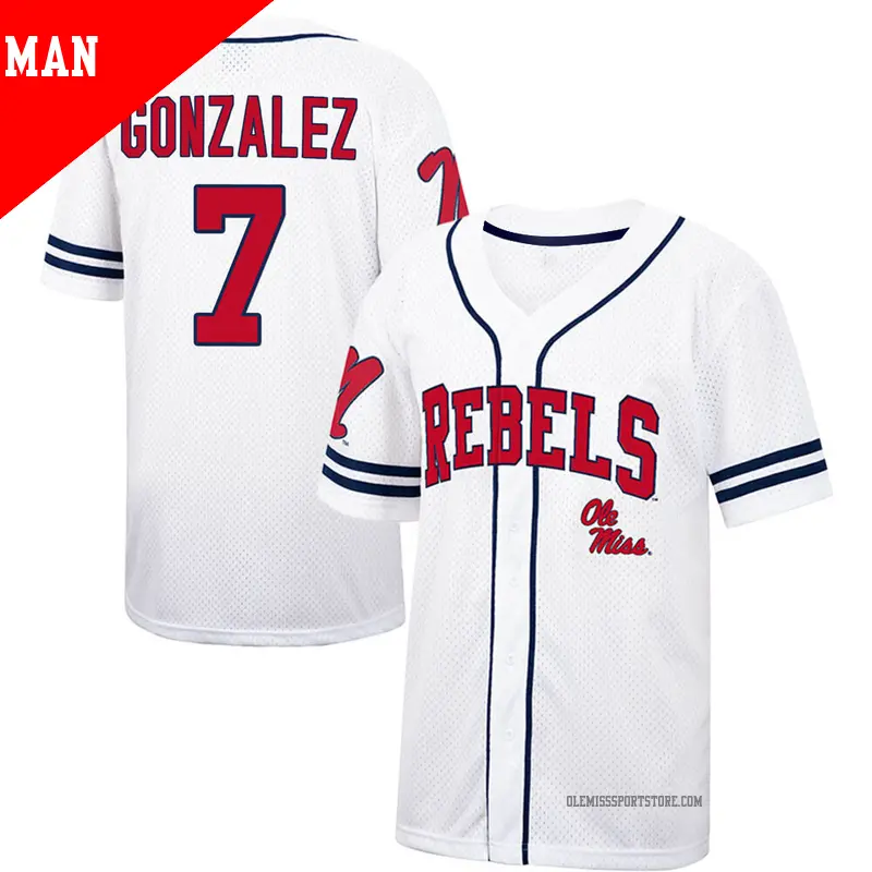 Men's #7 Jacob Gonzalez Ole Miss Rebels Replica White/Navy Colosseum Free Spirited Baseball Jersey Men's #7 Jacob Gonzalez Ole Miss Rebels Replica White/Navy Colosseum Free Spirited Baseball Jersey