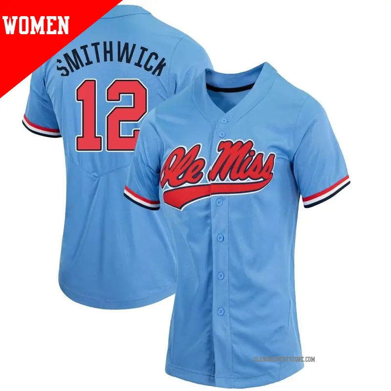 Women's #12 Campbell Smithwick Ole Miss Rebels Replica Blue Powder Full-Button Baseball Jersey Women's #12 Campbell Smithwick Ole Miss Rebels Replica Blue Powder Full-Button Baseball Jersey