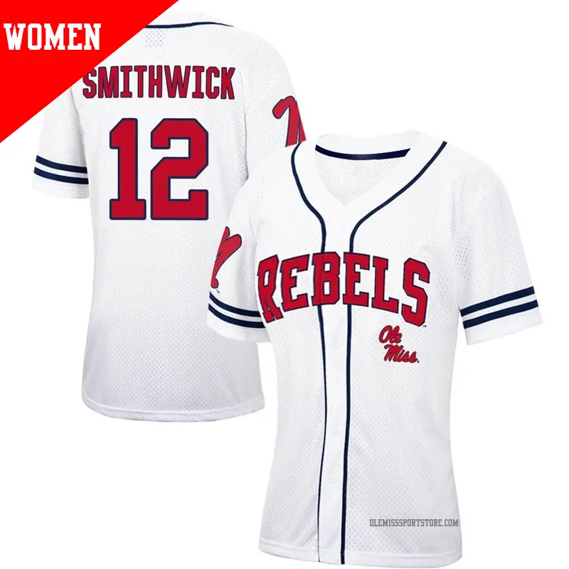 Women's #12 Campbell Smithwick Ole Miss Rebels Replica White/Navy Colosseum Free Spirited Baseball Jersey Women's #12 Campbell Smithwick Ole Miss Rebels Replica White/Navy Colosseum Free Spirited Baseball Jersey