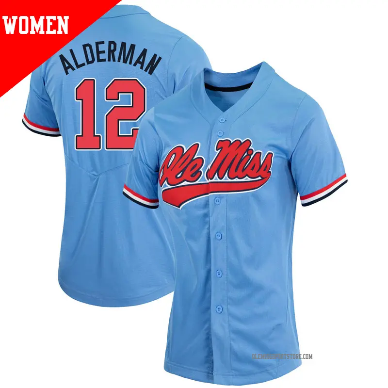 Women's #12 Kemp Alderman Ole Miss Rebels Replica Blue Powder Full-Button Baseball Jersey Women's #12 Kemp Alderman Ole Miss Rebels Replica Blue Powder Full-Button Baseball Jersey