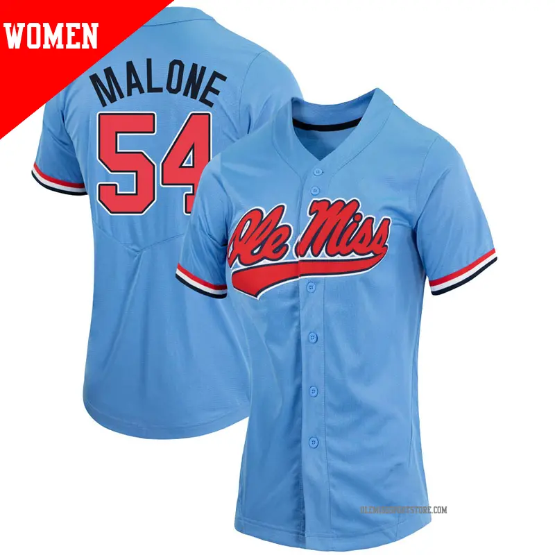 Women's #54 Tywone Malone Ole Miss Rebels Replica Blue Powder Full-Button Baseball Jersey Women's #54 Tywone Malone Ole Miss Rebels Replica Blue Powder Full-Button Baseball Jersey