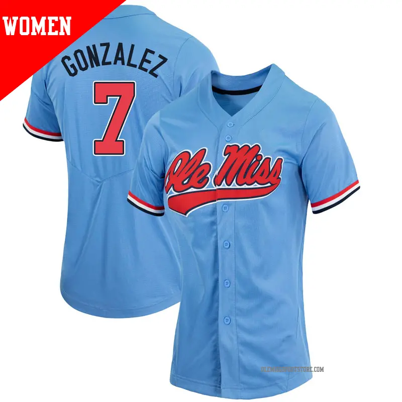 Women's #7 Jacob Gonzalez Ole Miss Rebels Replica Blue Powder Full-Button Baseball Jersey Women's #7 Jacob Gonzalez Ole Miss Rebels Replica Blue Powder Full-Button Baseball Jersey