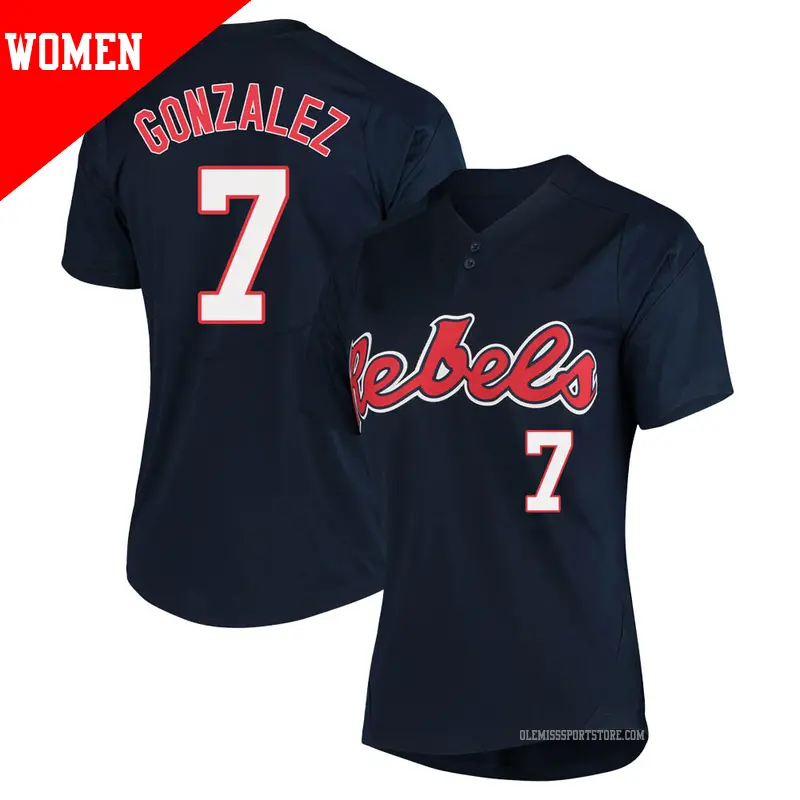 Women's #7 Jacob Gonzalez Ole Miss Rebels Replica Navy Vapor Untouchable Two-Button Baseball Jersey Women's #7 Jacob Gonzalez Ole Miss Rebels Replica Navy Vapor Untouchable Two-Button Baseball Jersey