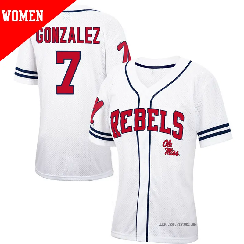 Women's #7 Jacob Gonzalez Ole Miss Rebels Replica White/Navy Colosseum Free Spirited Baseball Jersey Women's #7 Jacob Gonzalez Ole Miss Rebels Replica White/Navy Colosseum Free Spirited Baseball Jersey