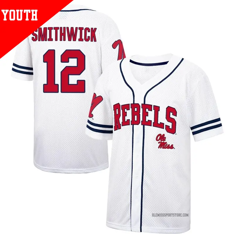 Youth #12 Campbell Smithwick Ole Miss Rebels Replica White/Navy Colosseum Free Spirited Baseball Jersey Youth #12 Campbell Smithwick Ole Miss Rebels Replica White/Navy Colosseum Free Spirited Baseball Jersey
