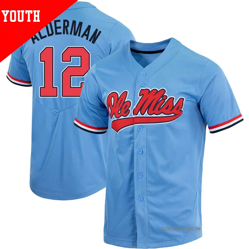 Youth #12 Kemp Alderman Ole Miss Rebels Replica Blue Powder Full-Button Baseball Jersey Youth #12 Kemp Alderman Ole Miss Rebels Replica Blue Powder Full-Button Baseball Jersey