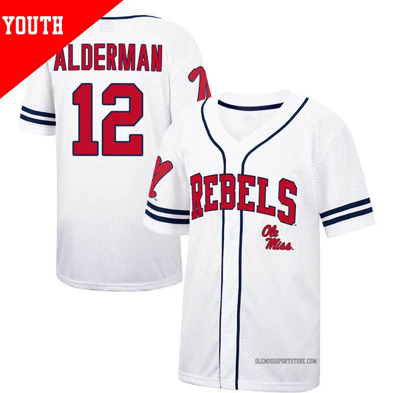 Youth #12 Kemp Alderman Ole Miss Rebels Replica White/Navy Colosseum Free Spirited Baseball Jersey Youth #12 Kemp Alderman Ole Miss Rebels Replica White/Navy Colosseum Free Spirited Baseball Jersey