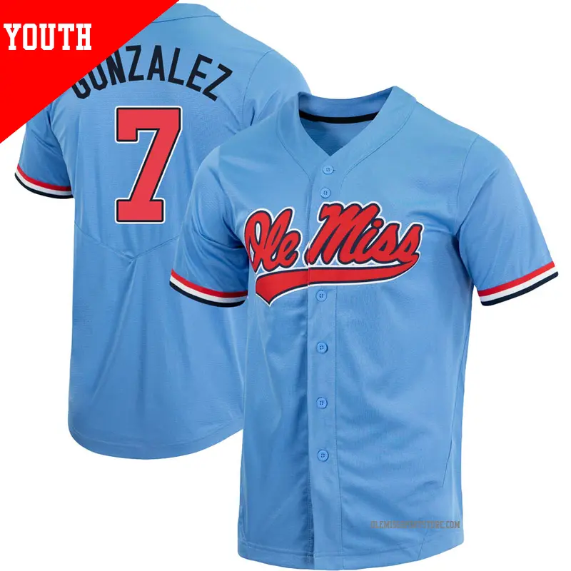 Youth #7 Jacob Gonzalez Ole Miss Rebels Replica Blue Powder Full-Button Baseball Jersey Youth #7 Jacob Gonzalez Ole Miss Rebels Replica Blue Powder Full-Button Baseball Jersey