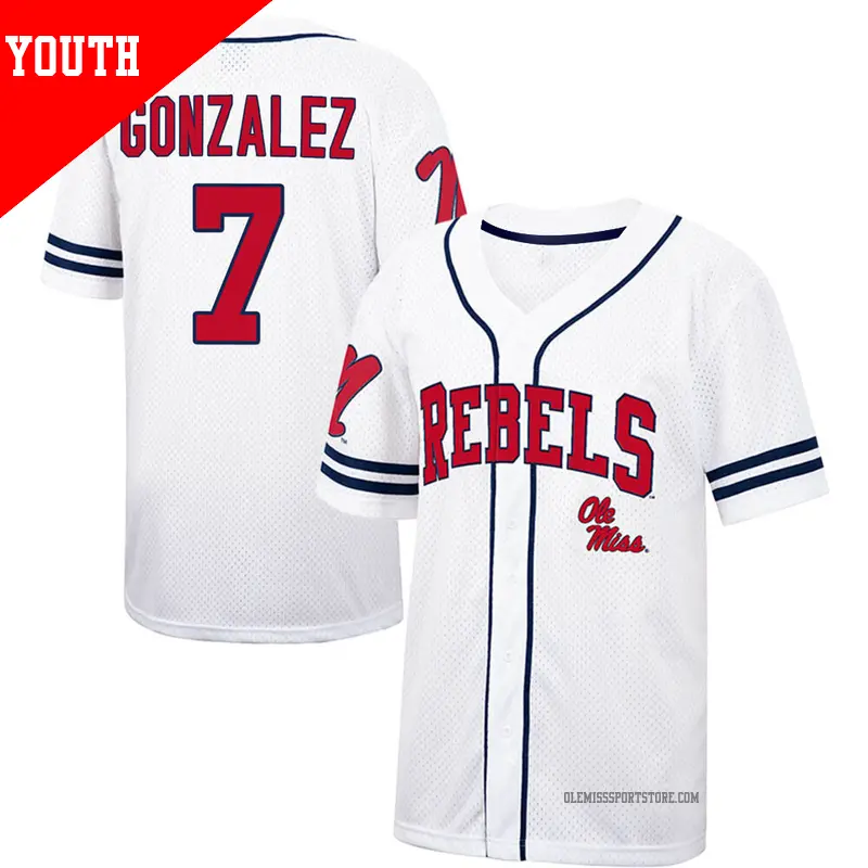 Youth #7 Jacob Gonzalez Ole Miss Rebels Replica White/Navy Colosseum Free Spirited Baseball Jersey Youth #7 Jacob Gonzalez Ole Miss Rebels Replica White/Navy Colosseum Free Spirited Baseball Jersey